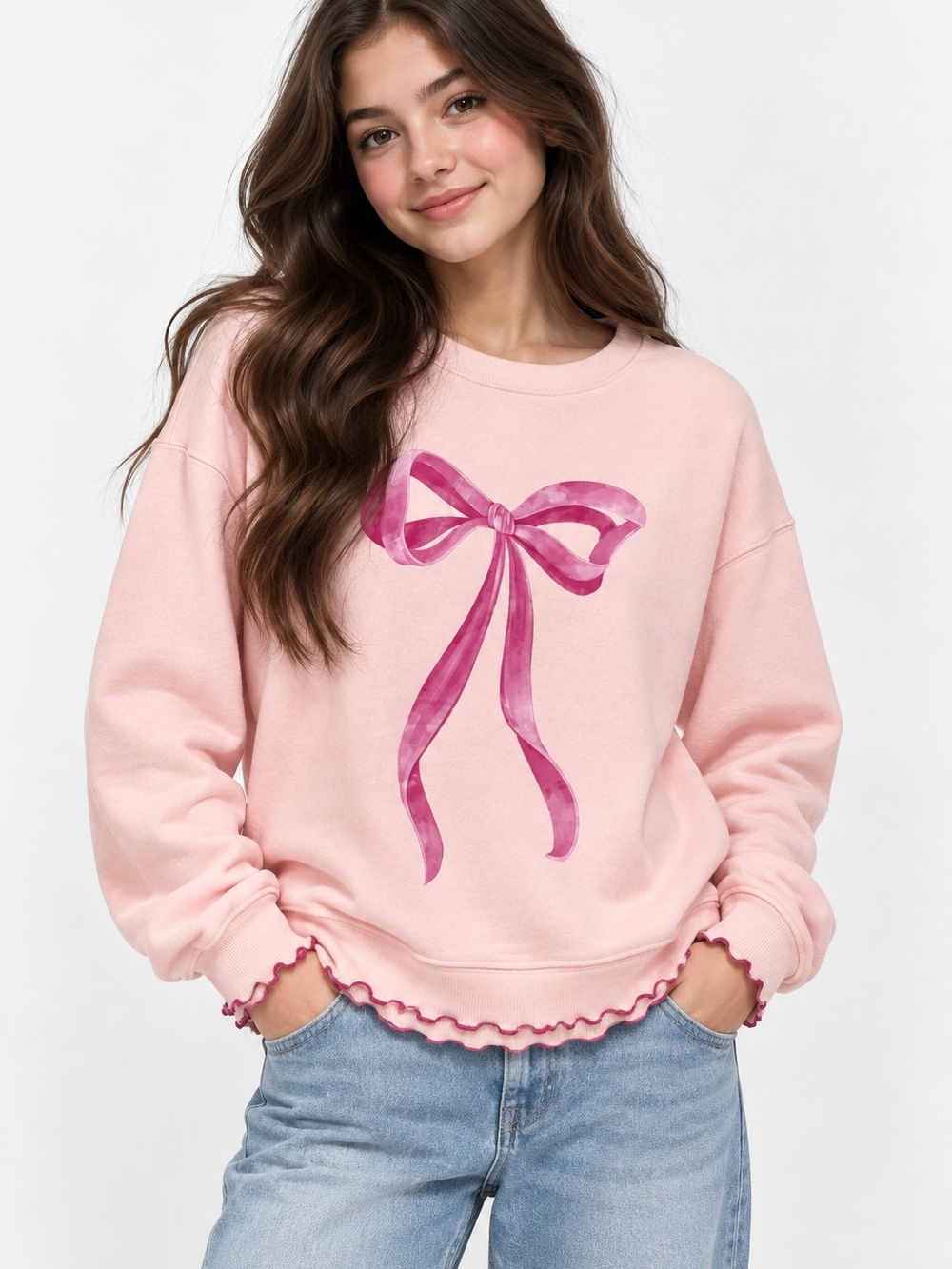 Pink Bow Graphic Pullover Sweatshirt